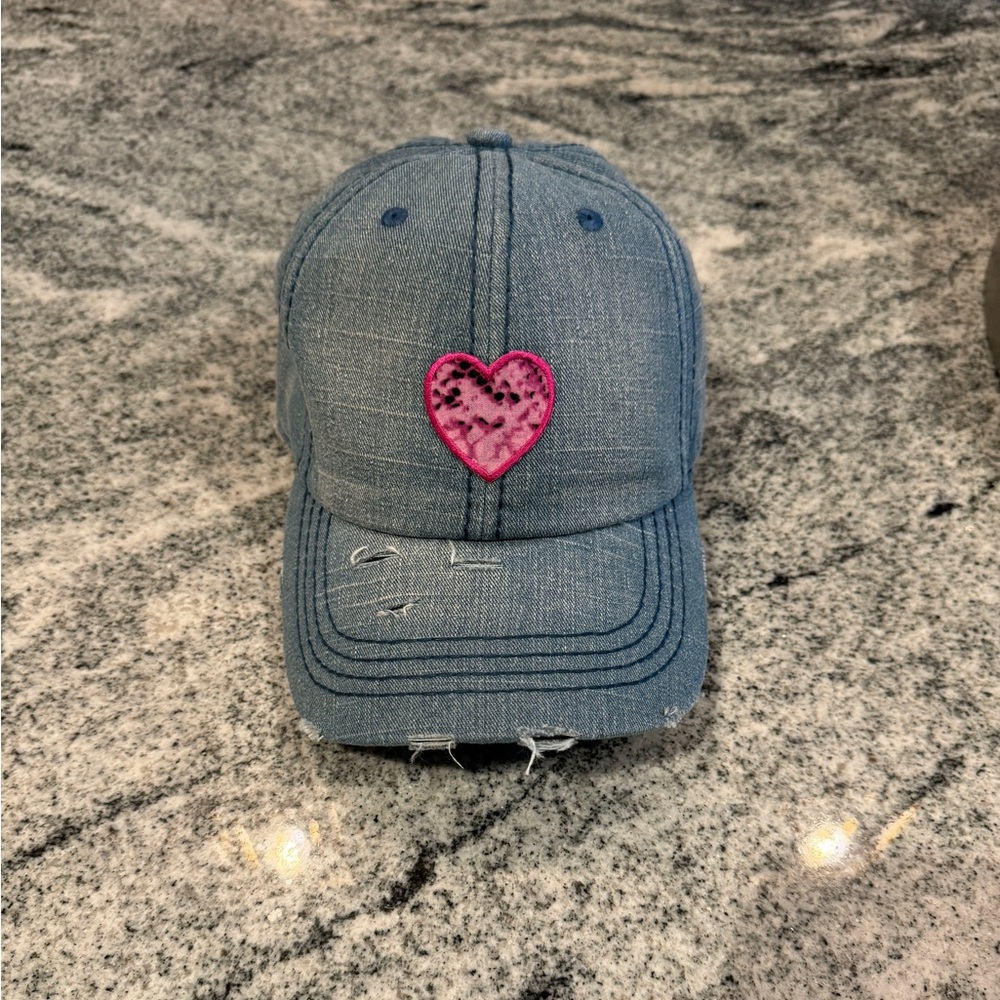 New Custom Designed Distressed Blue Baseball Cap with Pink & Black Heart.